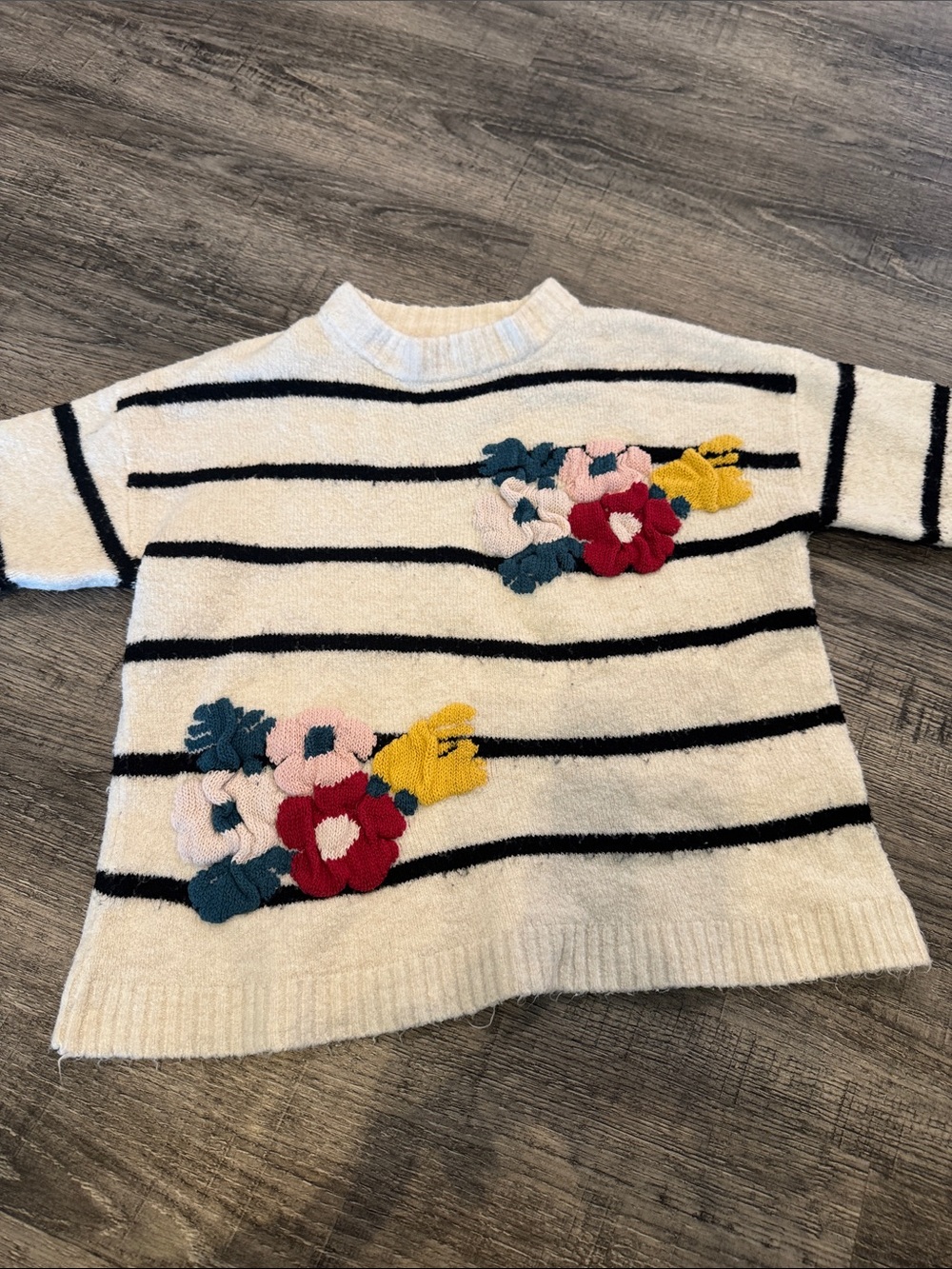Zara Cream and Black Striped Crewneck Sweater with Multicolor Floral Appliqués